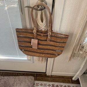 JustFab Brown and Tan Striped Totexute just fab cork pattern tote